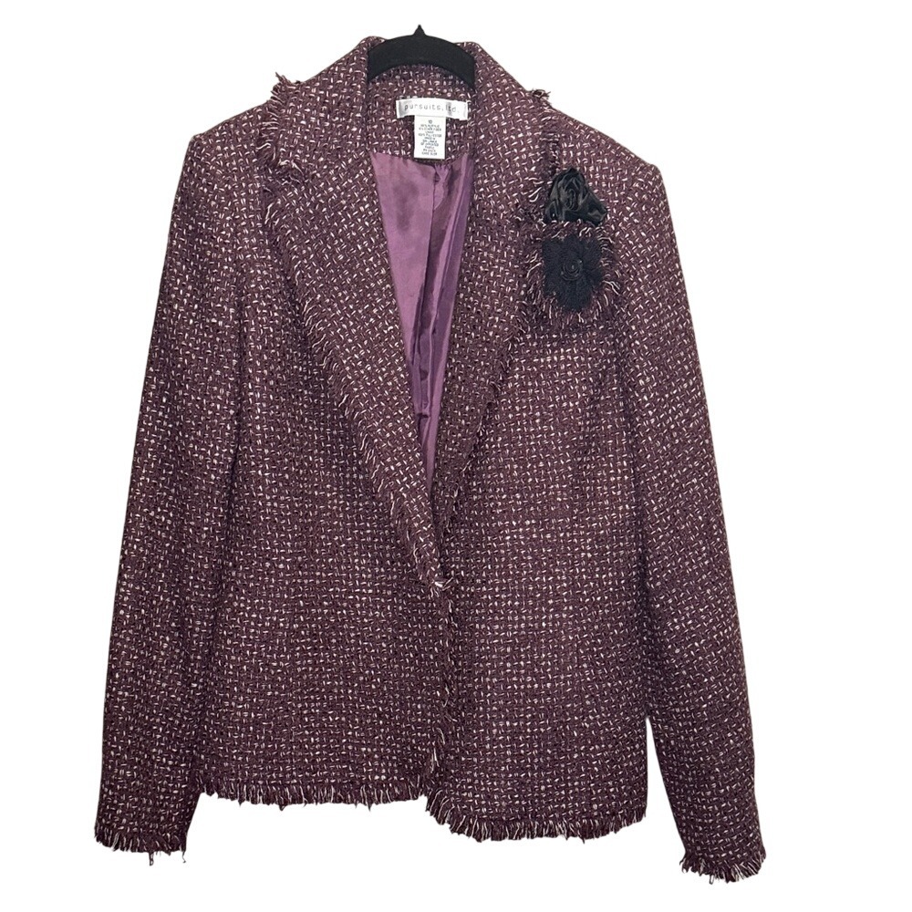 Pursuits Ltd Womens Plum Purple Tweed Fringe Blazer Floral Accent Jacket Size 10